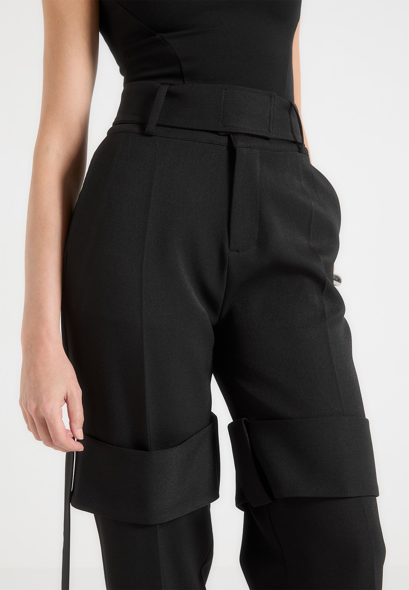 Tailored Belted Strap Detail Trousers - Black