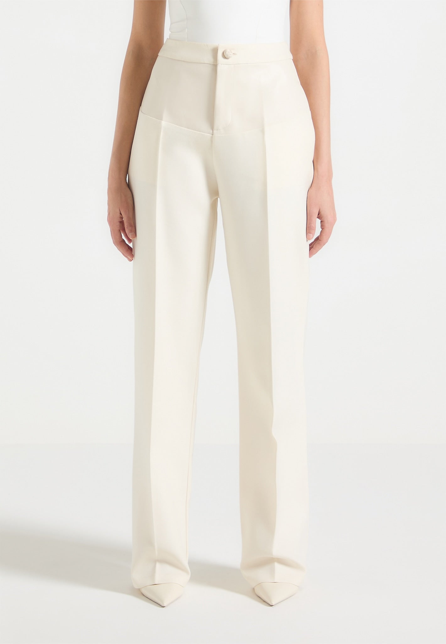 Leather Panel Tailored Trousers - Cream