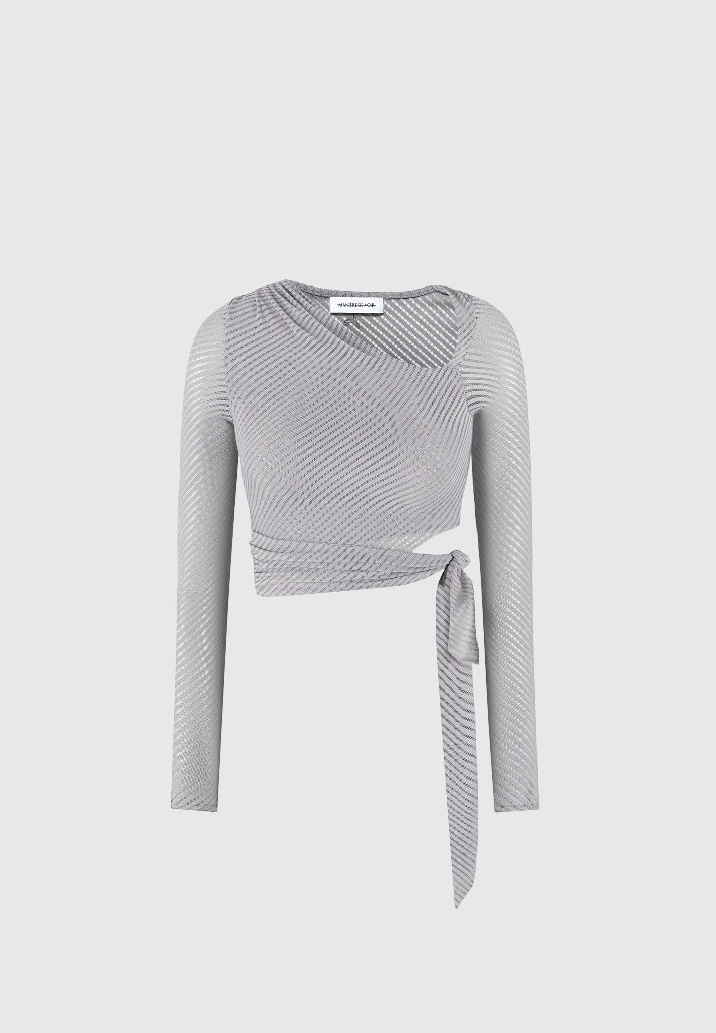 Ribbed Sheer Top with Tie - Grey