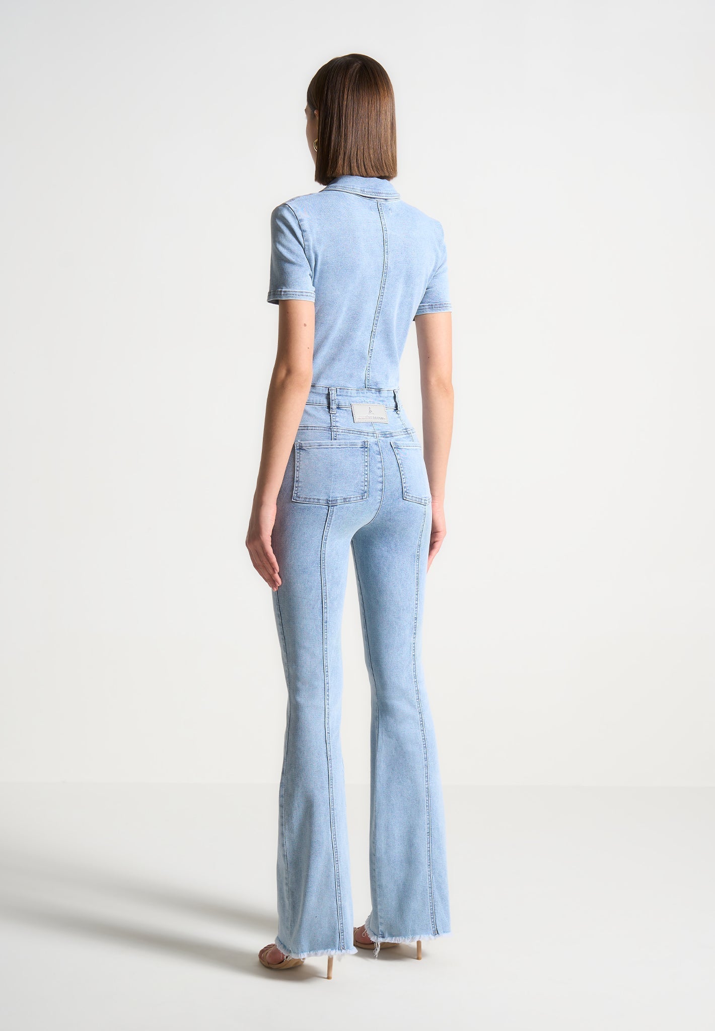 Mini Flared Denim Jumpsuit - Mid Blue