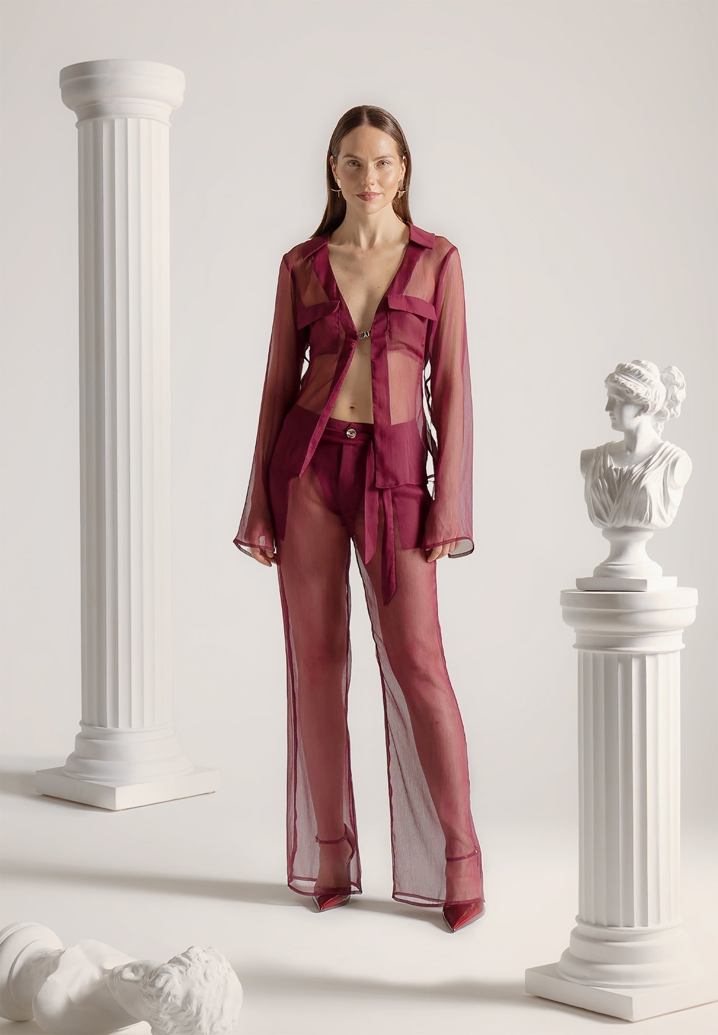 Sheer Belted Trousers - Wine Red