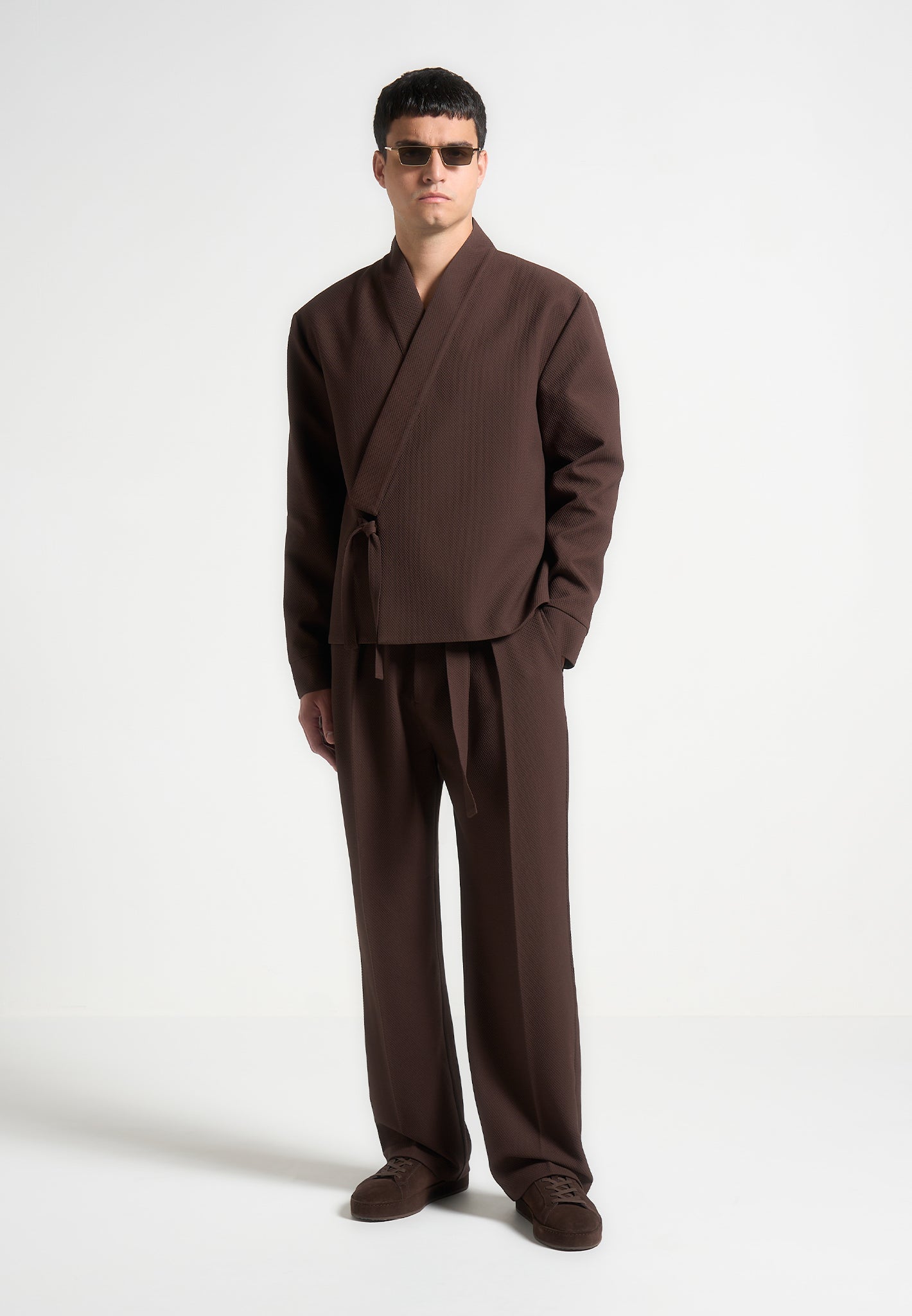 Relaxed Fit Textured Belted Tailored Trousers - Brown