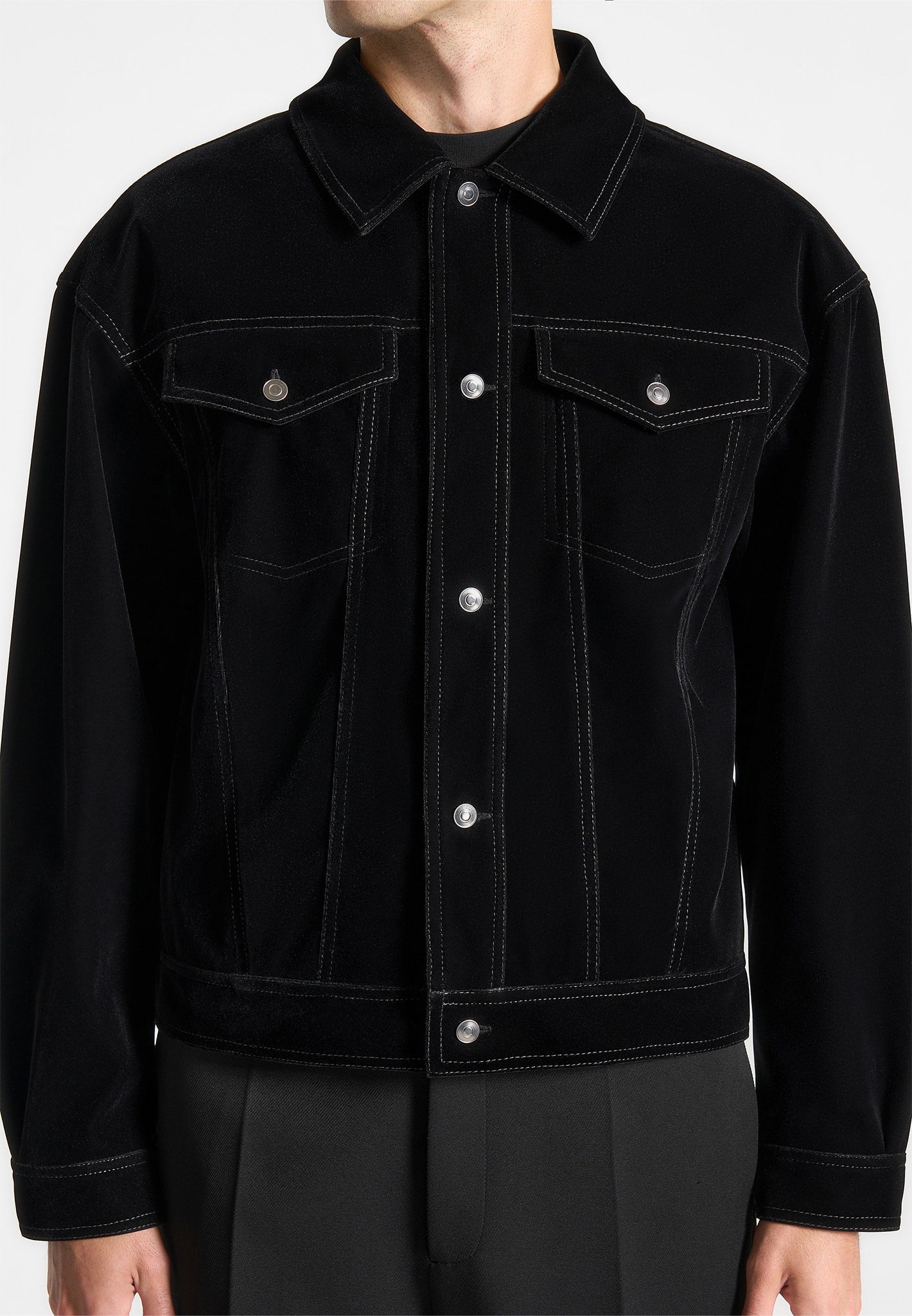 Velvet Contrast Stitch Trucker Jacket - Black