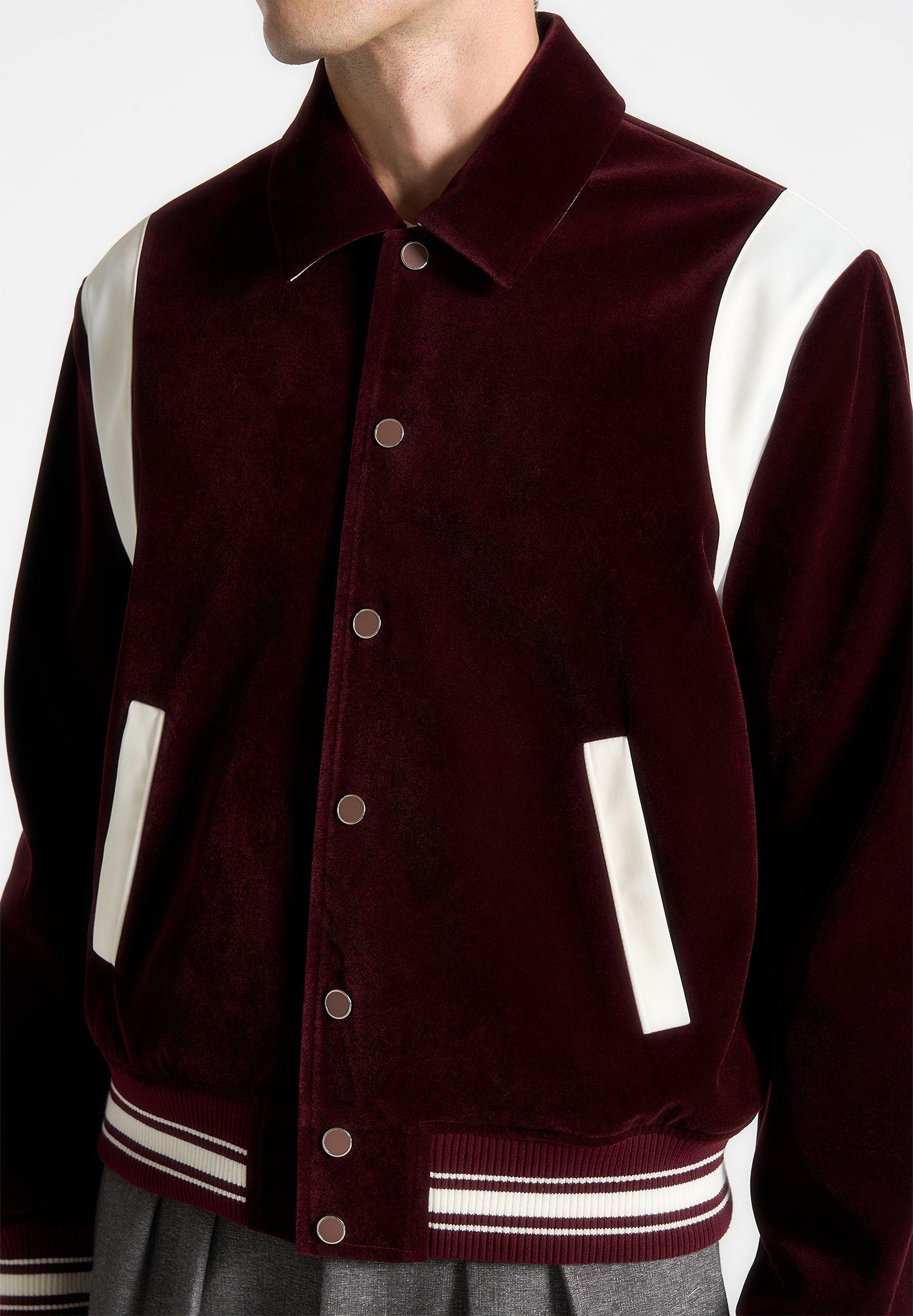 Velvet & Satin Varsity Jacket - Wine Red
